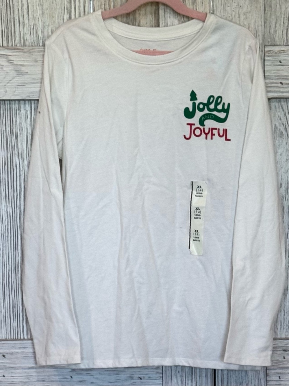 Cat & Jack Jolly and Joyful Kids' Long-Sleeve Shirt - White/Green/Red sz 14 XL